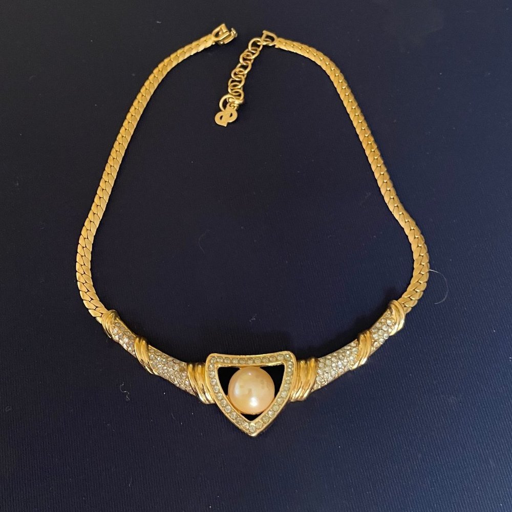 VTNG CHRISTIAN DIOR SNAKE CHAIN NECKLACE CHAMPAGNE PEARL RHINESTONE PENDANT